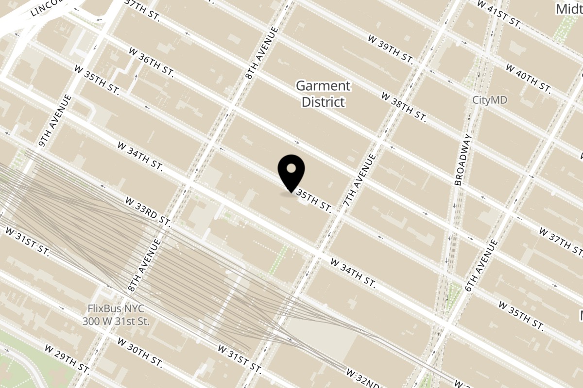 Map showing the location of Stick To Pot on 224 W 35th St in New York